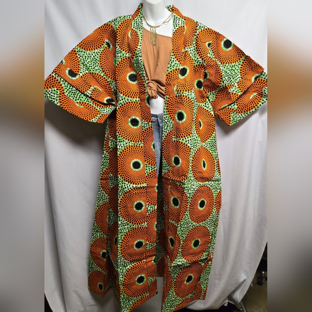 Vibrant 100% Ankara Fabric Duster/Kimono X-long.  Fits Sz 12 - 18. New. Tall